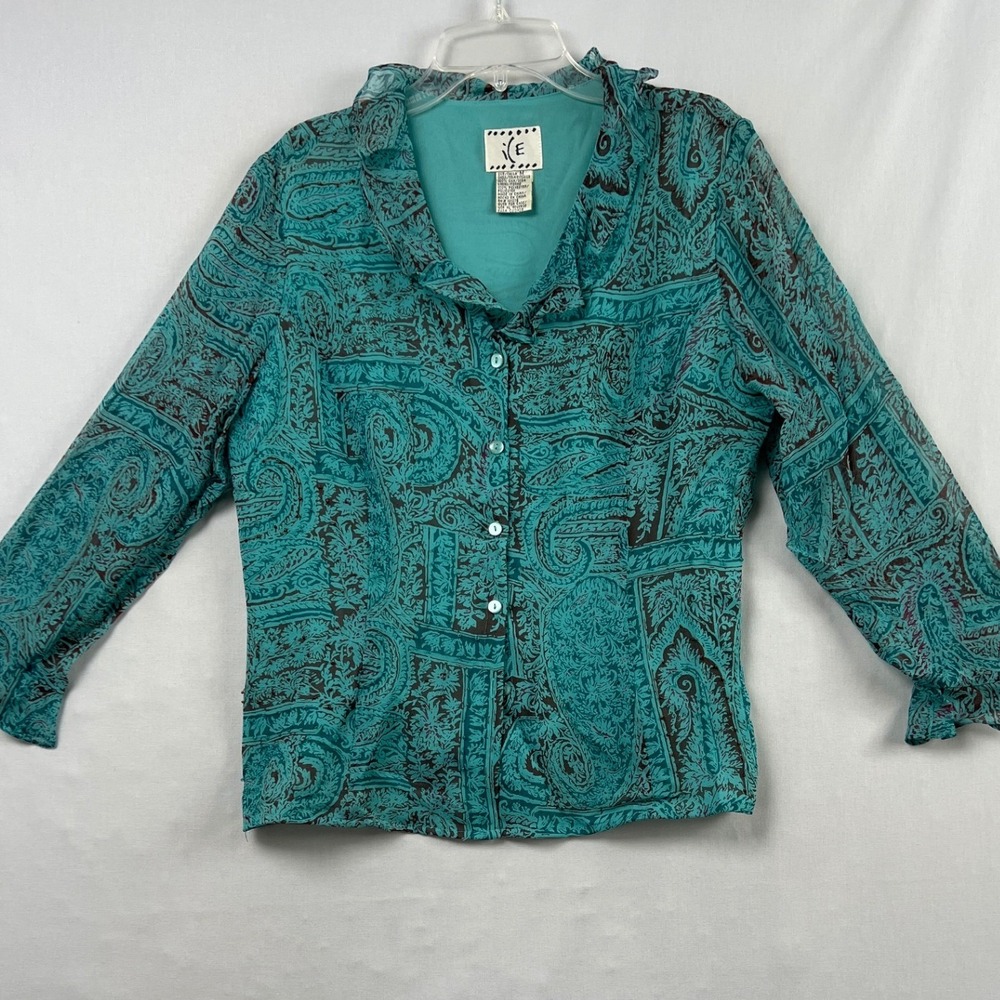 Vintage 90s ICE Silk Blouse Womens Medium Teal Paisley Ruffle Collar Beaded